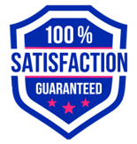 Blue shield badge with “100% Satisfaction Guaranteed” and three red stars