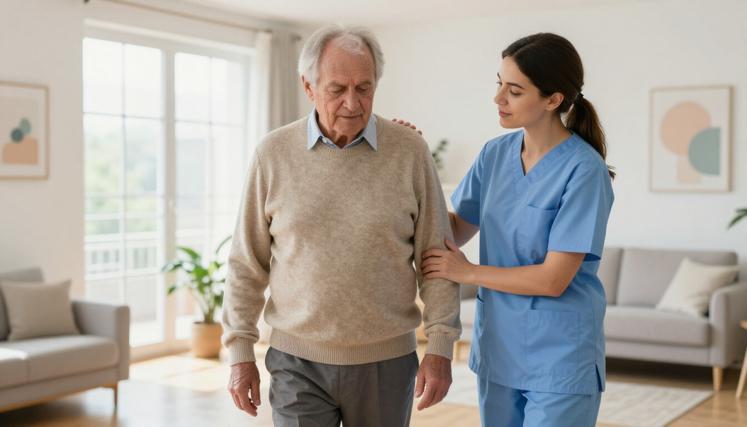 Caregiver supporting an elderly man in a bright living room, walking together indoors