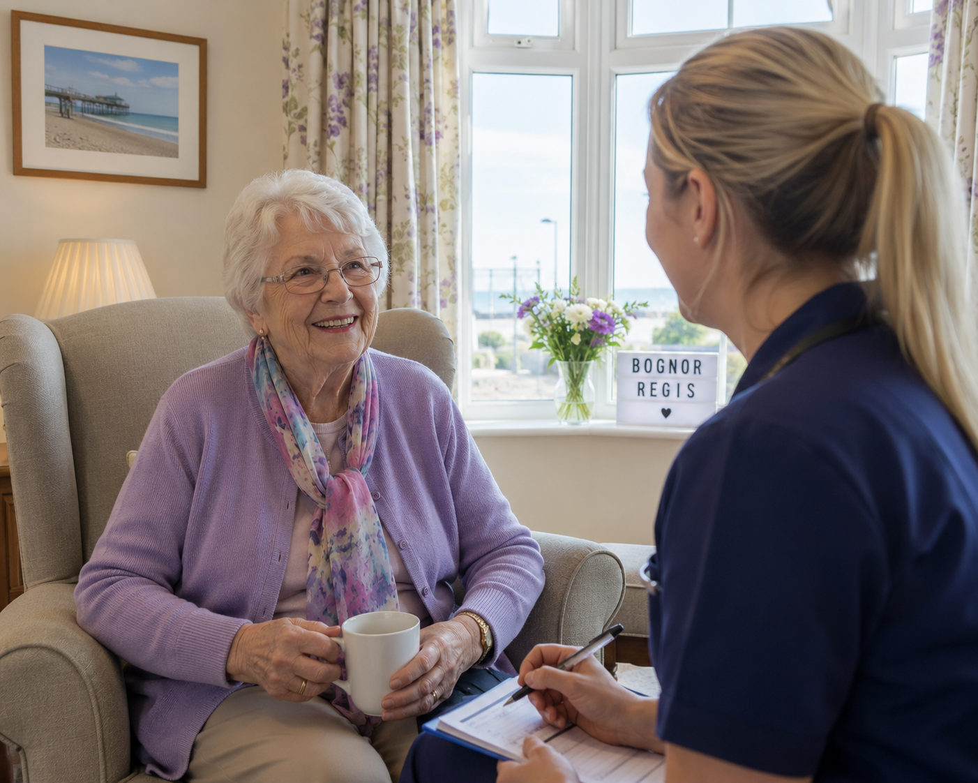 Elderly woman smiling at a home care visitor in a bright living room in Bognor Regis