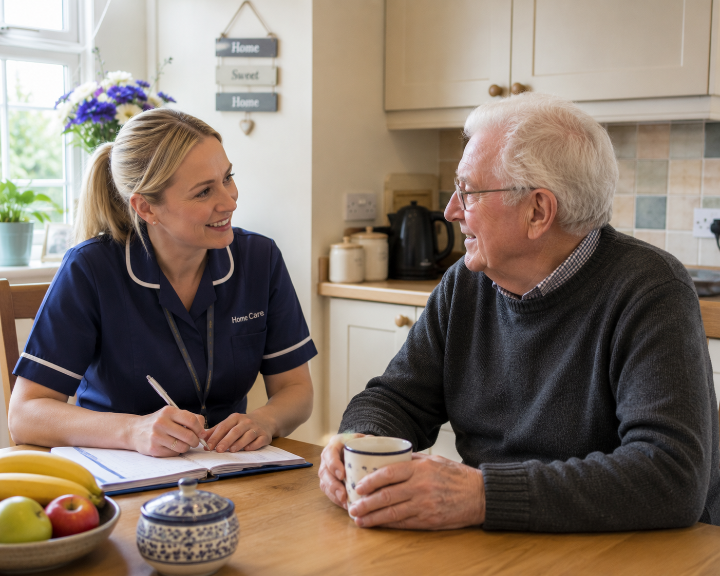 Female carer sitting with an elderly man at a kitchen table during a home care visit