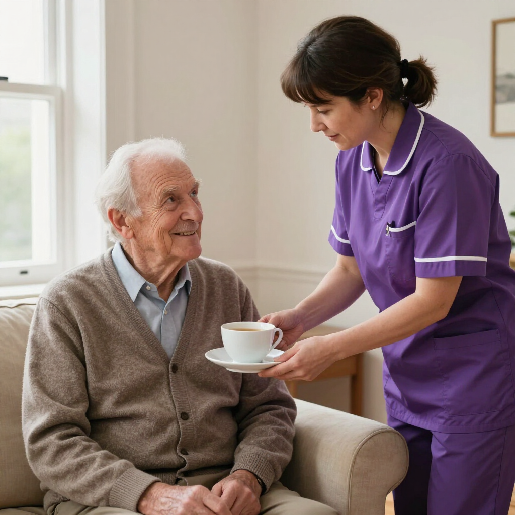 Caregiver in purple uniform serving tea to a seated elderly man in a bright living room