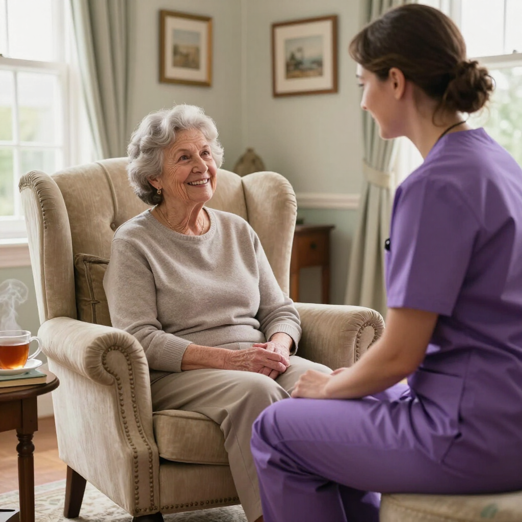 Elderly woman smiling at a home care visitor in a bright living room in Bognor Regis