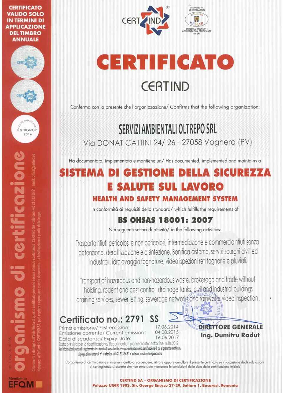 Certificazione Sistema di gestione della sicurezza e salute sul lavoro