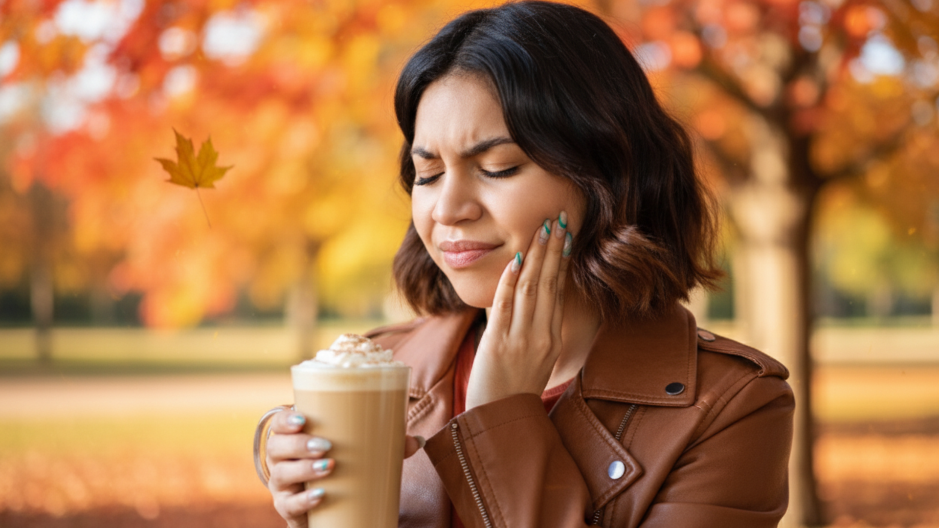 Women drink a pumpkin spice and experiencing pain in tooth