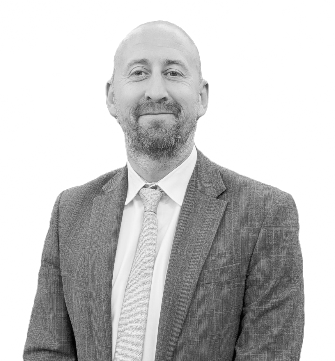 Man in a gray suit and tie, smiling against a plain white background