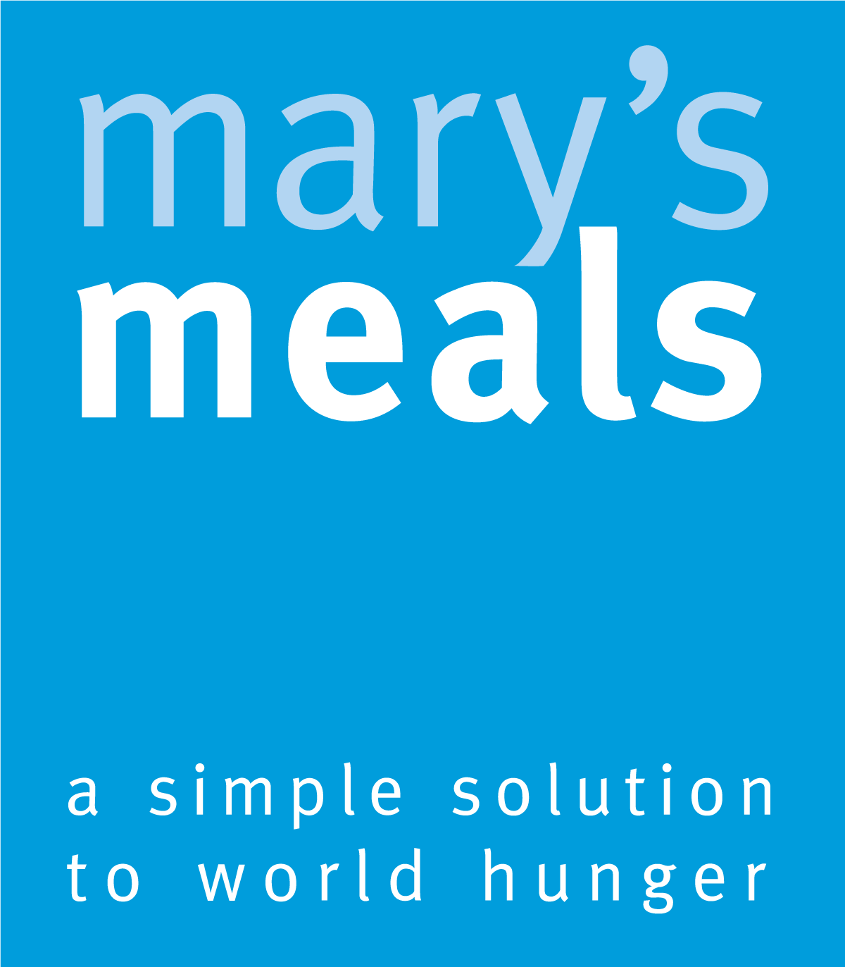 Mary's Meals logo on blue background with tagline,
