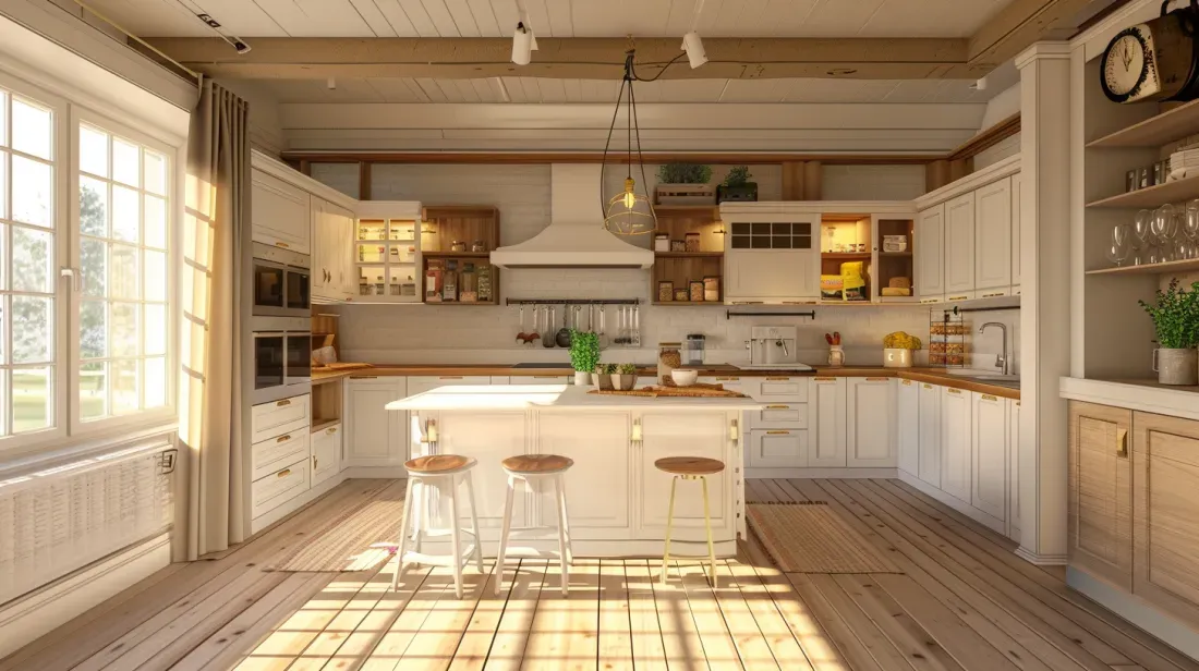 A kitchen with white cabinets and wooden floors and a large island in the middle.
