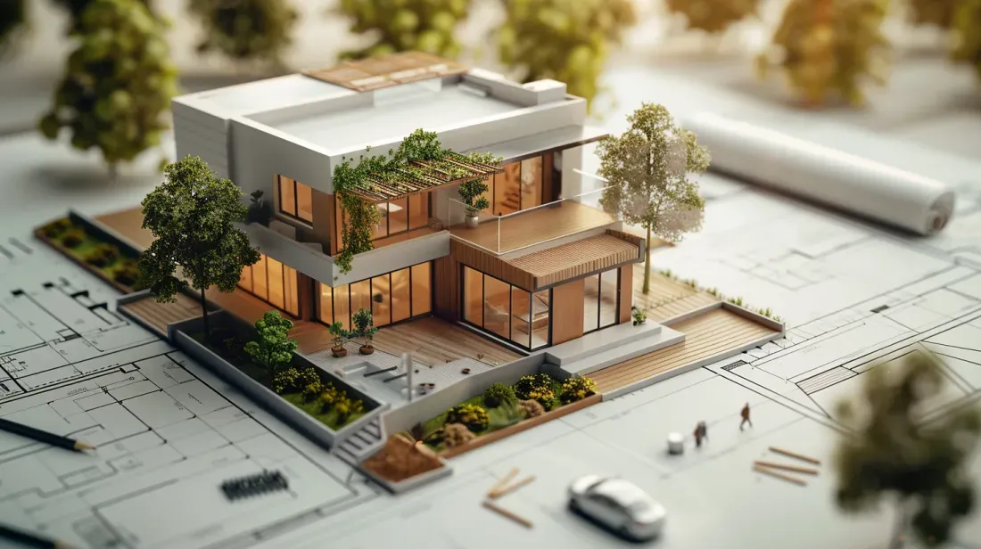 A model of a house is sitting on top of a blueprint.