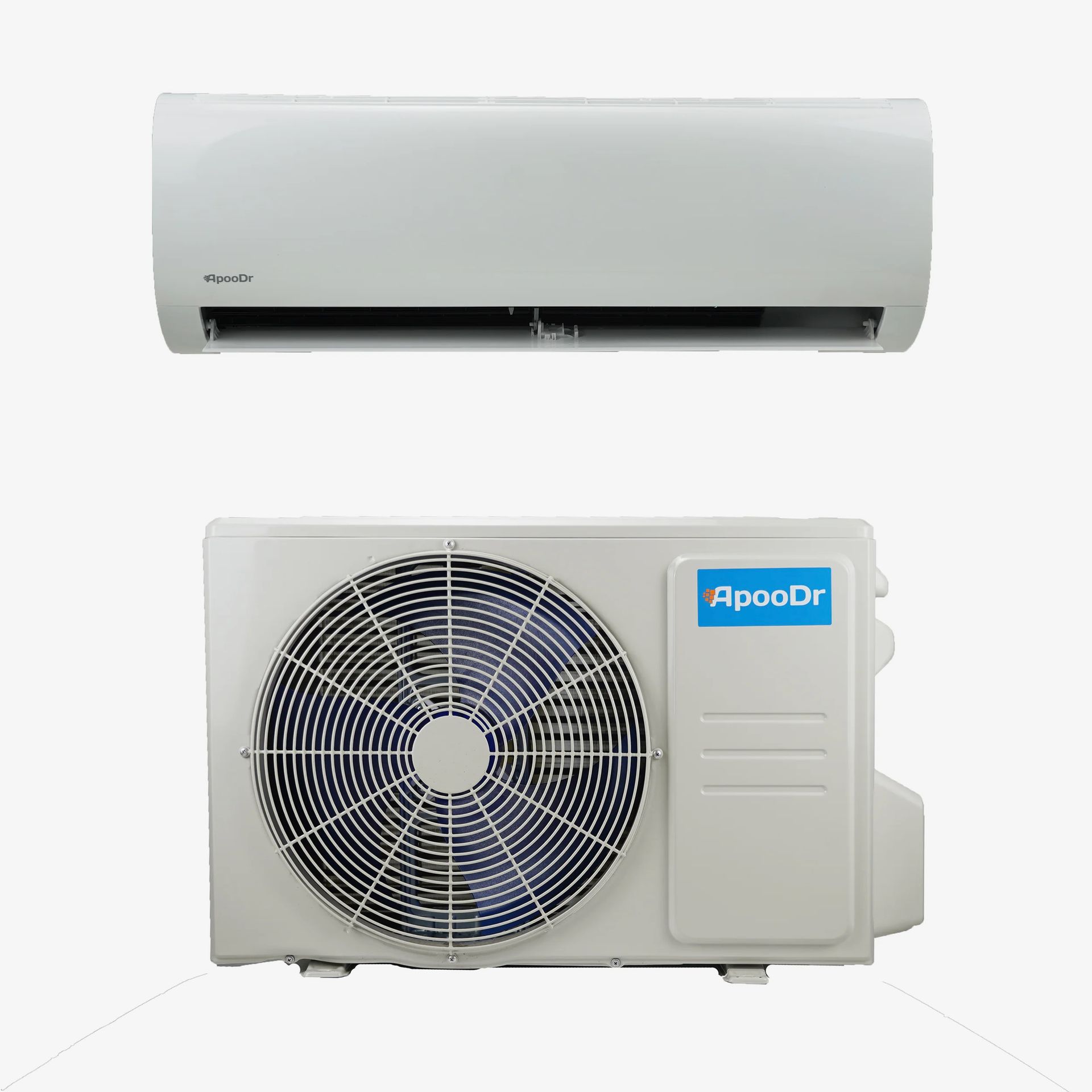 White wall-mounted split air conditioner with outdoor compressor unit below, branded RpooD.
