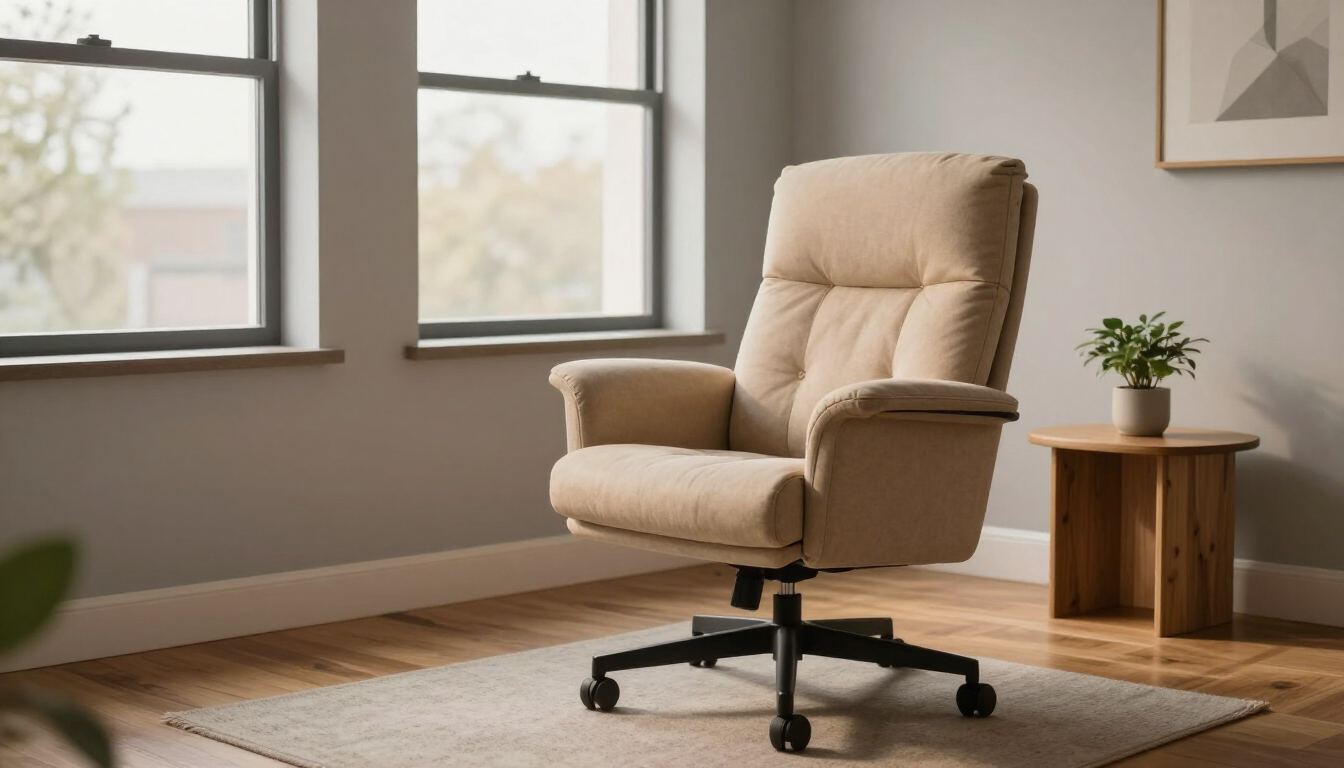 Beige office chair on a rug in a bright room beside a small wooden side table with a plant.