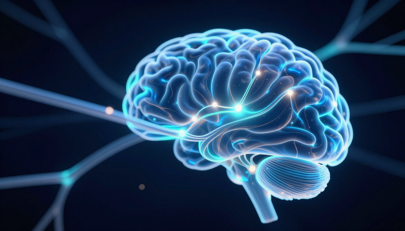 Glowing blue digital brain with neural connections on a dark background