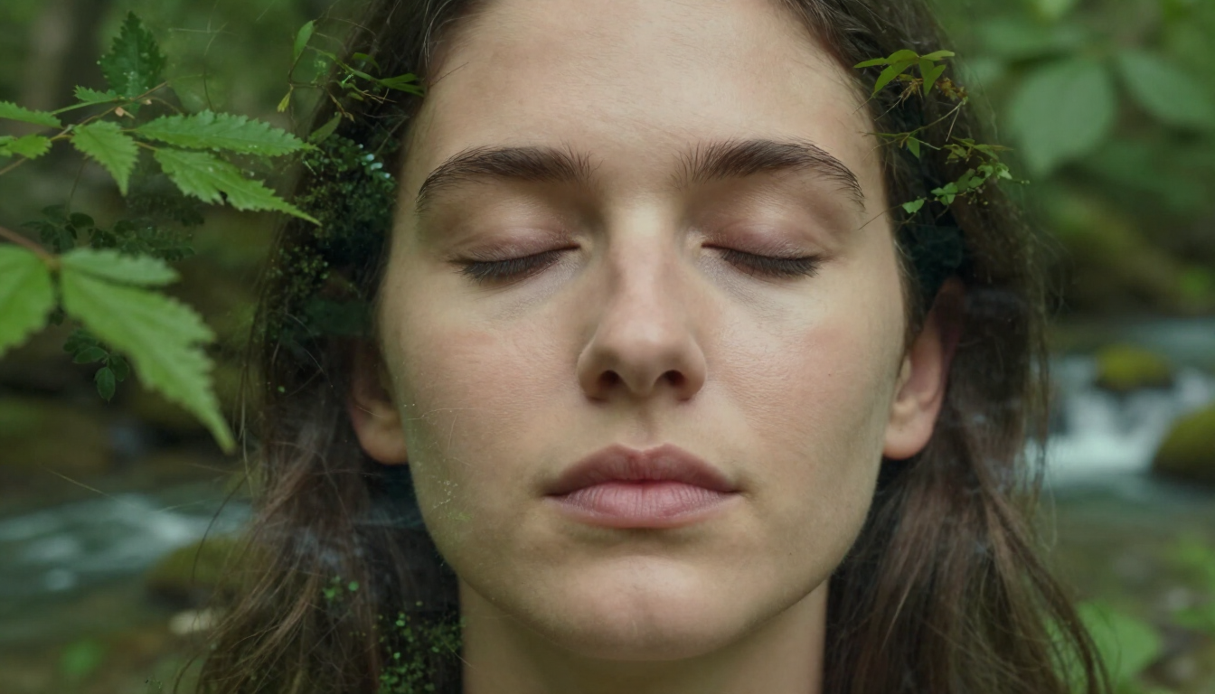 Close-up of a person with closed eyes in a lush green forest by a stream