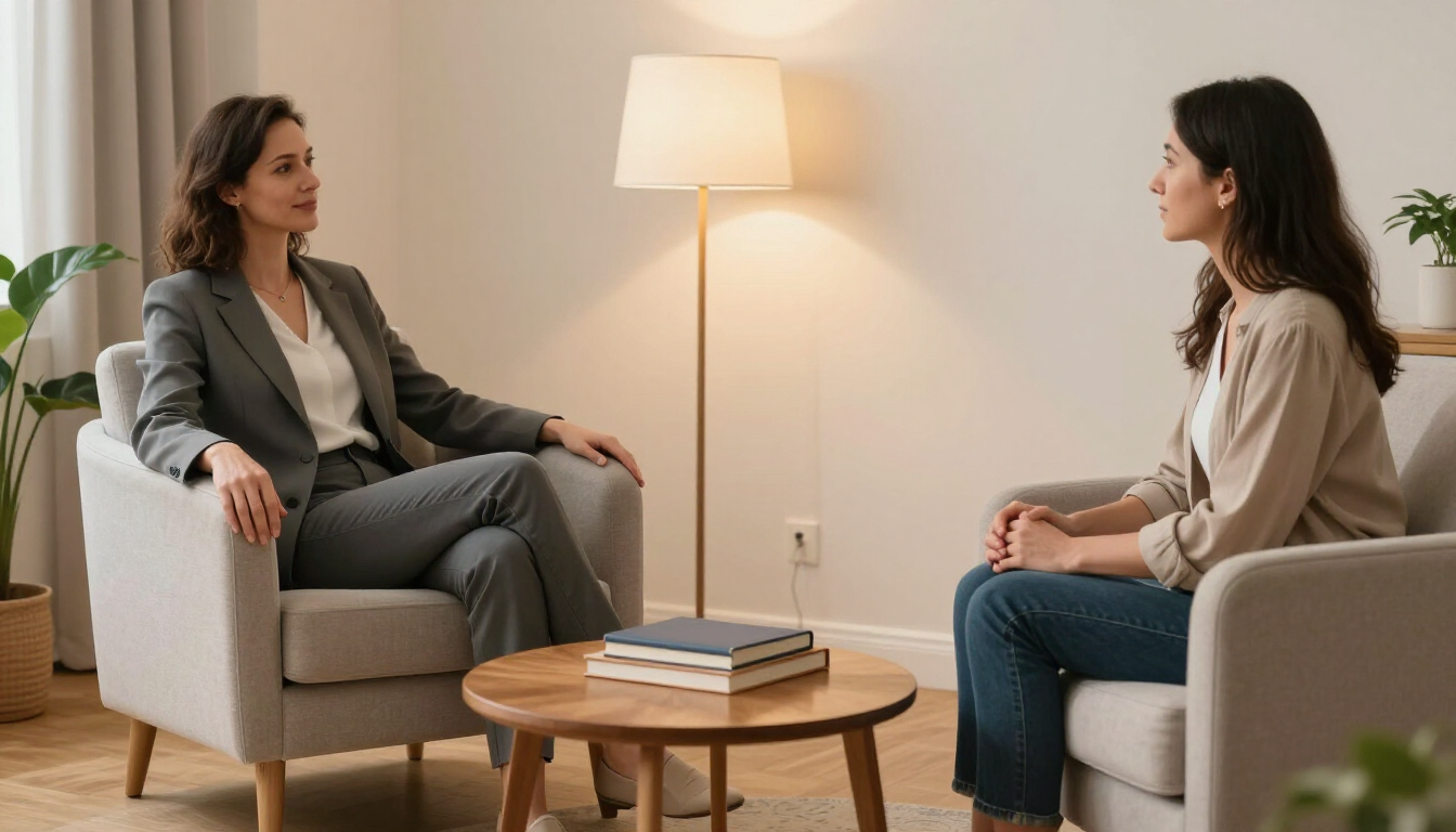 Two women in a calm living-room conversation, seated in armchairs beside a floor lamp and coffee table.