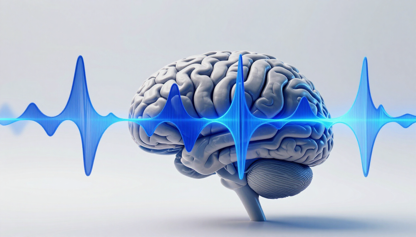 Blue waveform over a white 3D human brain, suggesting neuroscience or audio analysis
