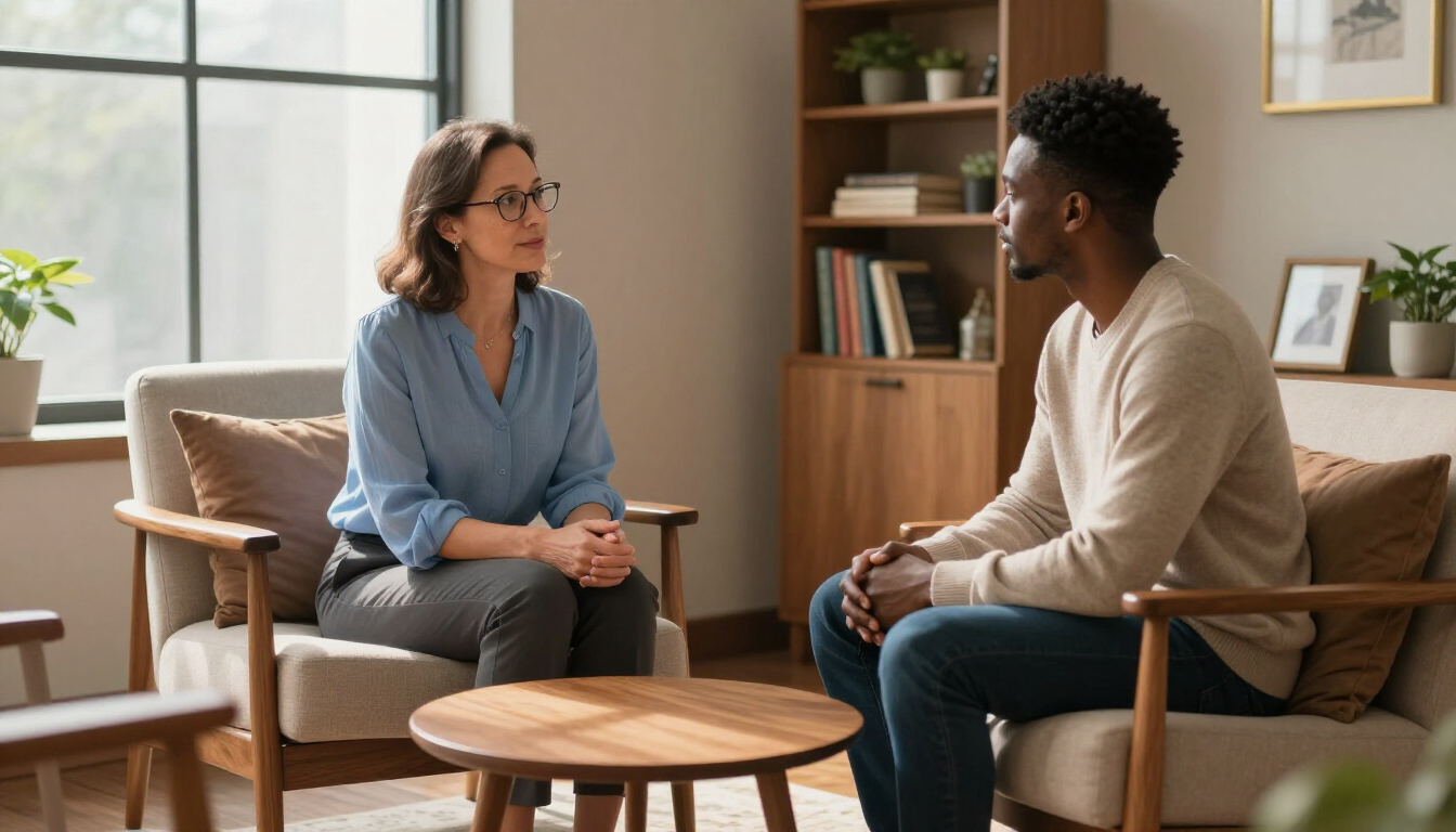 Two people talk in a cozy office with chairs, a round table, and bookshelves.