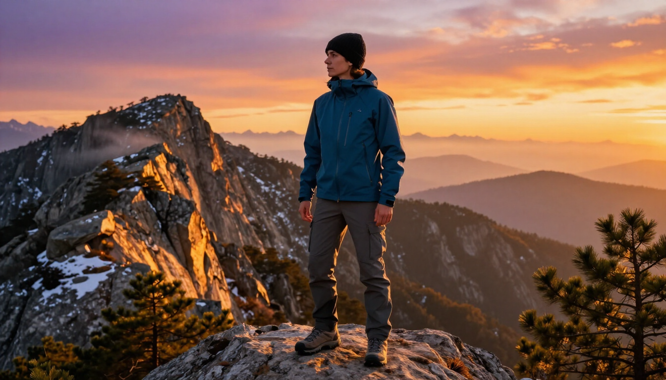 Hiker in a blue jacket stands on a rocky mountain peak at sunrise, overlooking distant ridges.