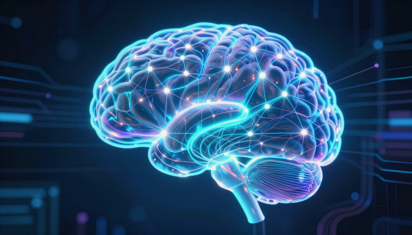 Glowing digital brain illustration with blue and pink neural lines on a dark tech background