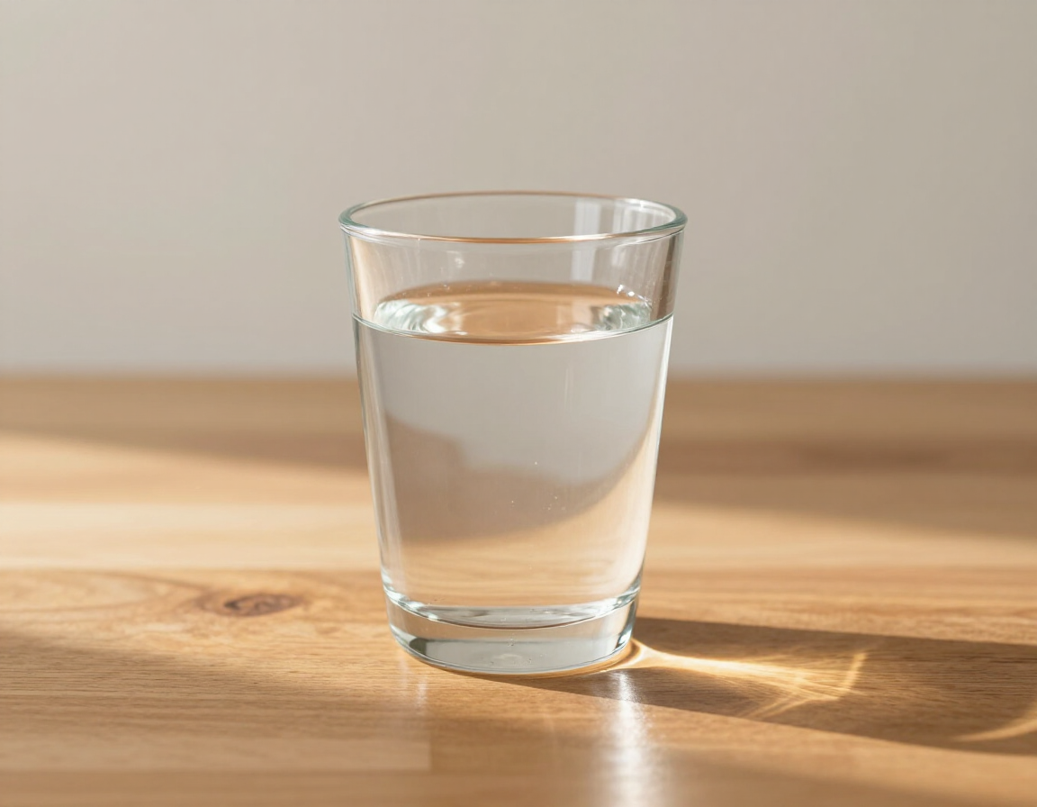 A refreshing glass of water on a wooden table with soft sunlight, symbolizing post-session integration