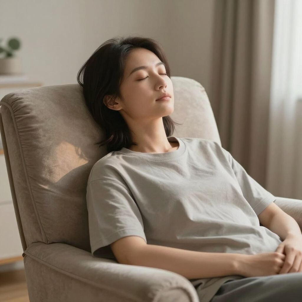 A person sitting comfortably in a reclining chair with eyes closed, looking deeply relaxed