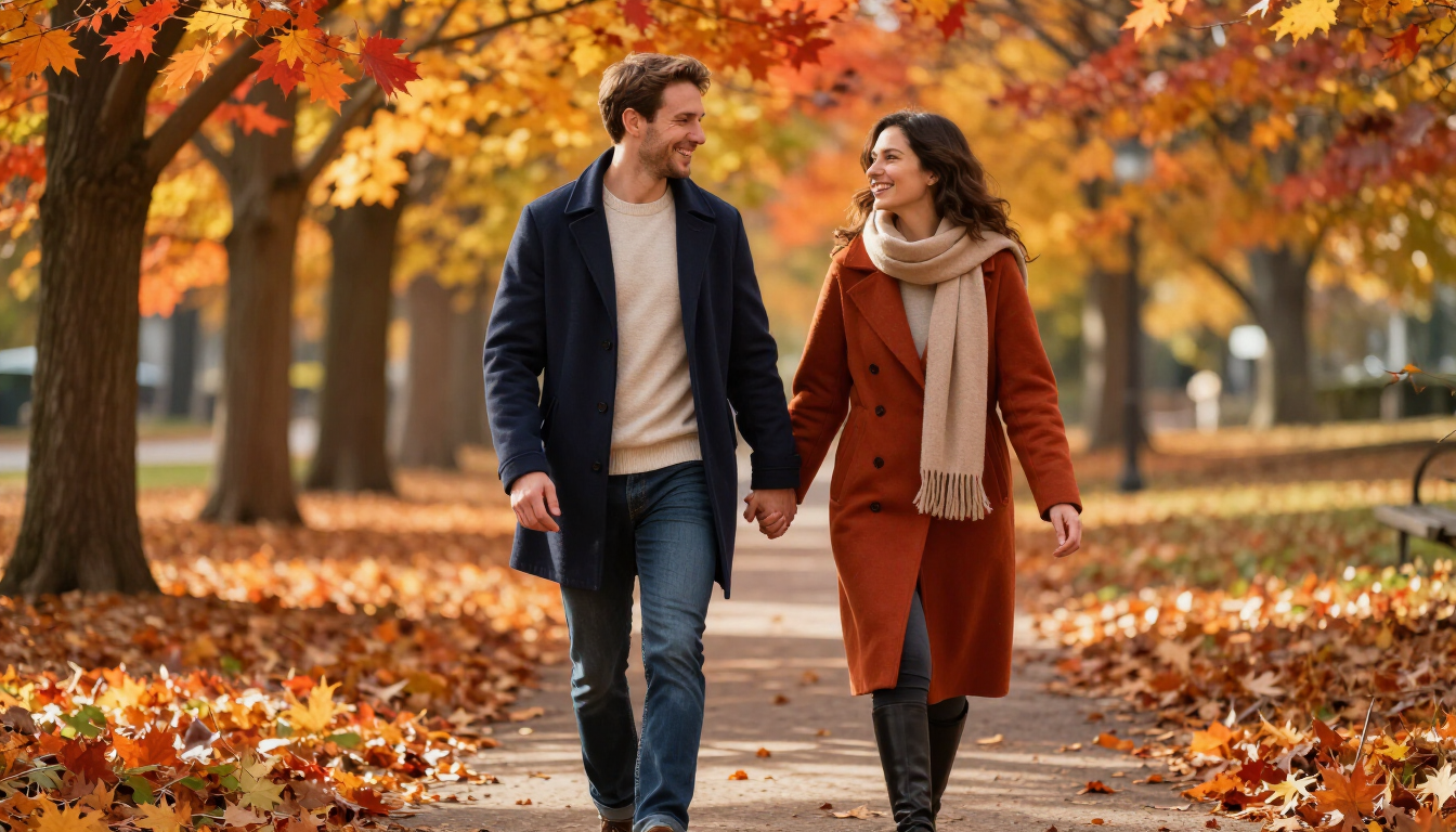 A happy couple holding hands and walking through a vibrant autumn park