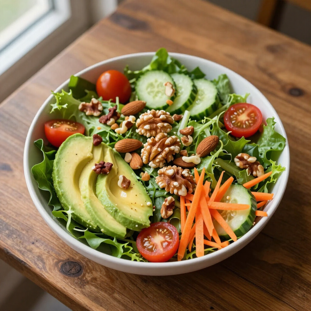 photorealistic healthy vibrant salad with avocado and nuts on a wooden table overhead shot
