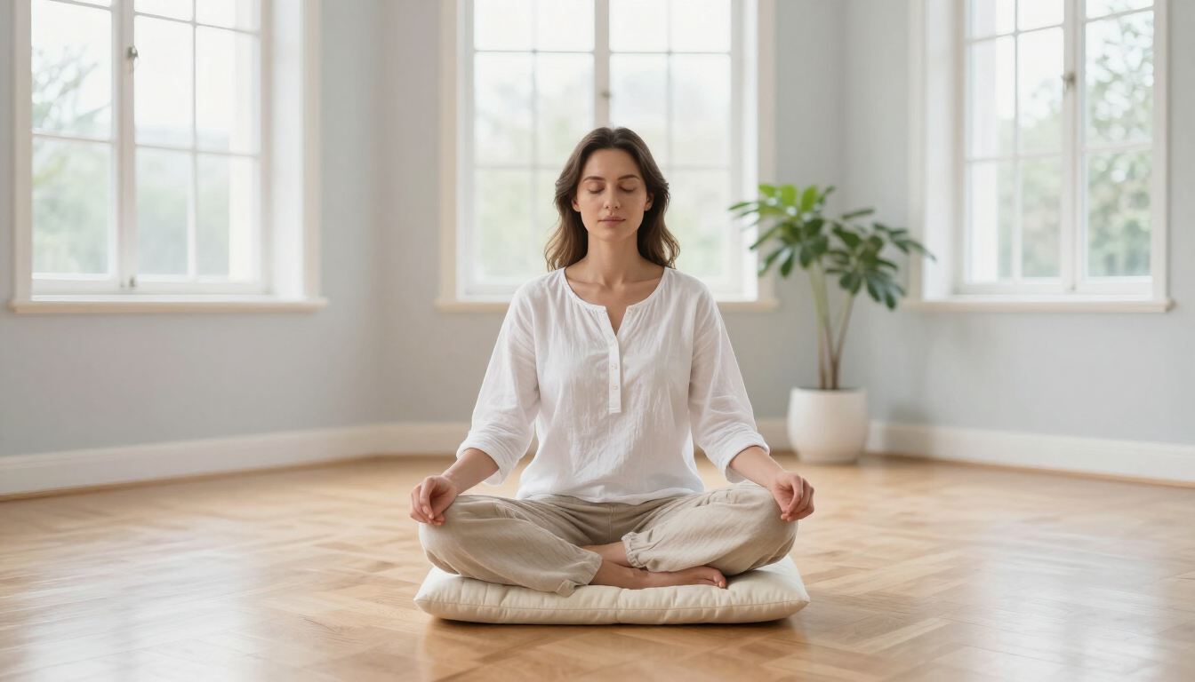 photorealistic serene woman practicing mindfulness in a bright airy room natural light soft colors