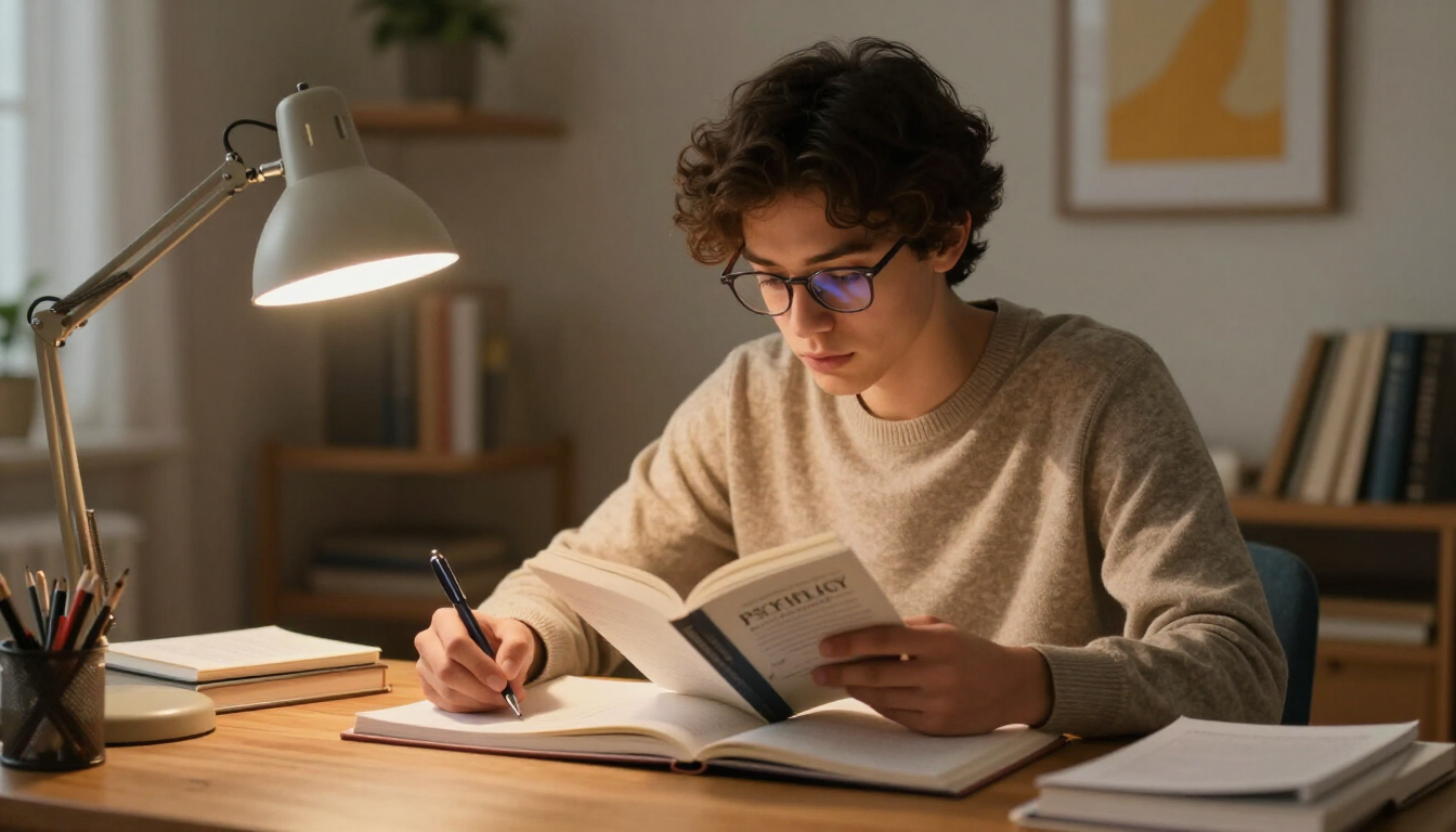 Aspiring student studying psychology and NLP books in a modern home office