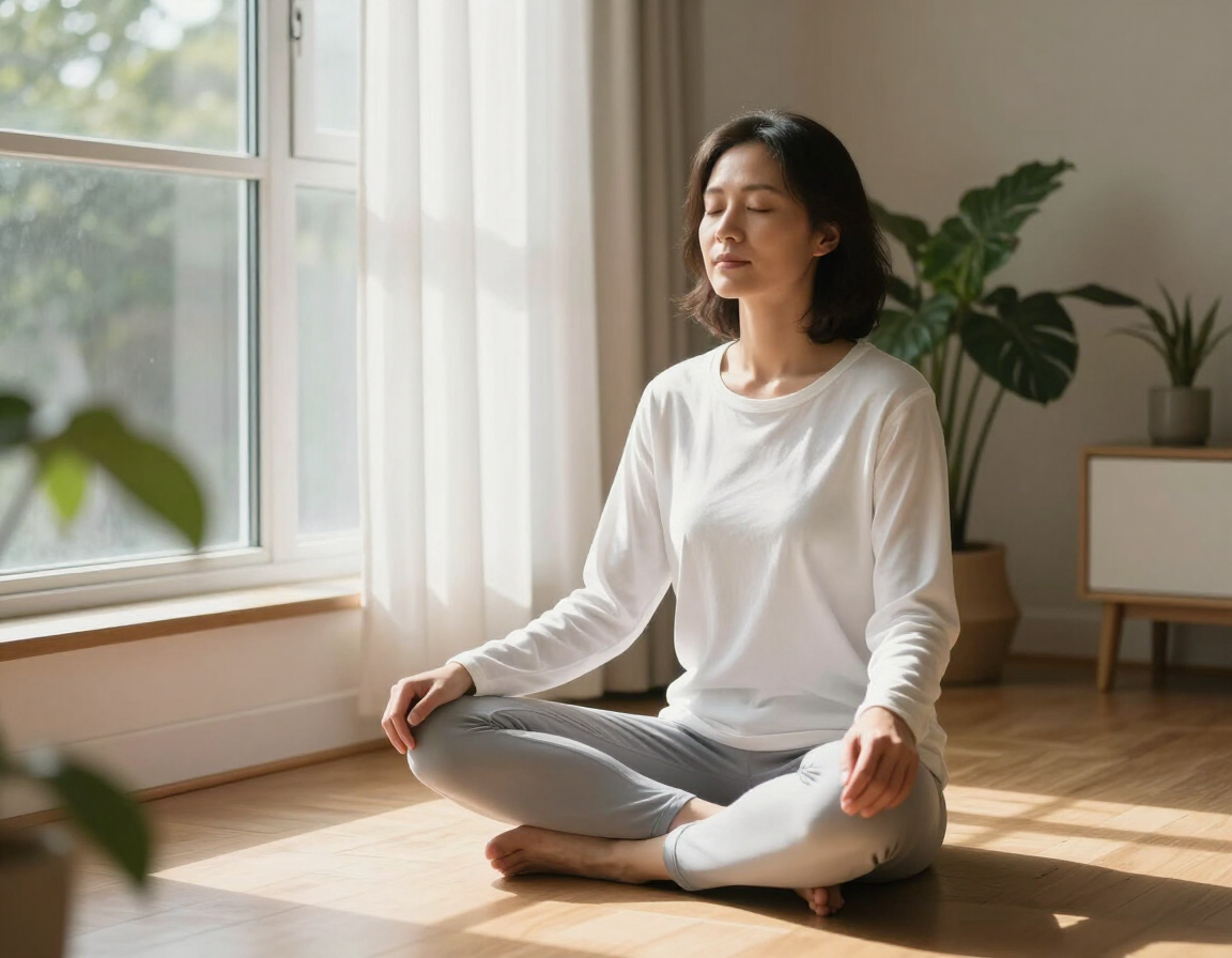Person practicing calm breathing at home after hypnotherapy