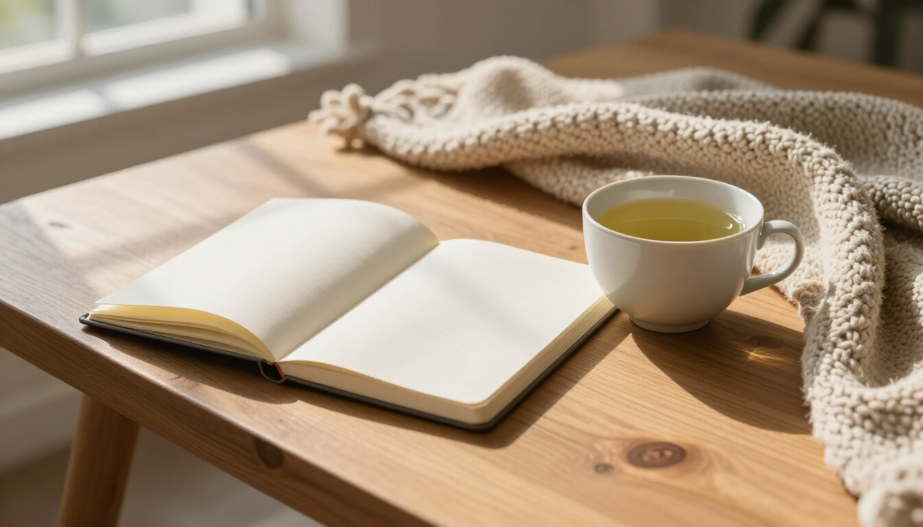 Notebook and tea representing a practical stress management routine