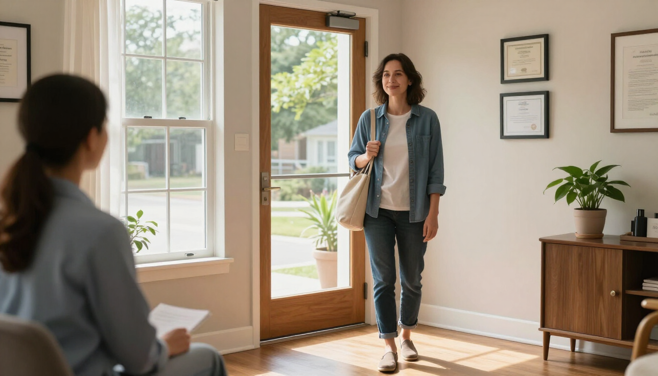 A calm client leaves a professional hypnotherapy appointment feeling supported
