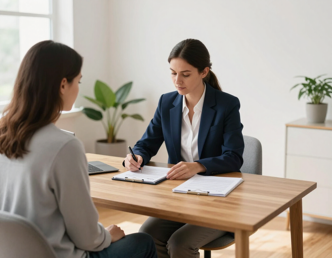 A client discusses treatment goals and health history before hypnotherapy