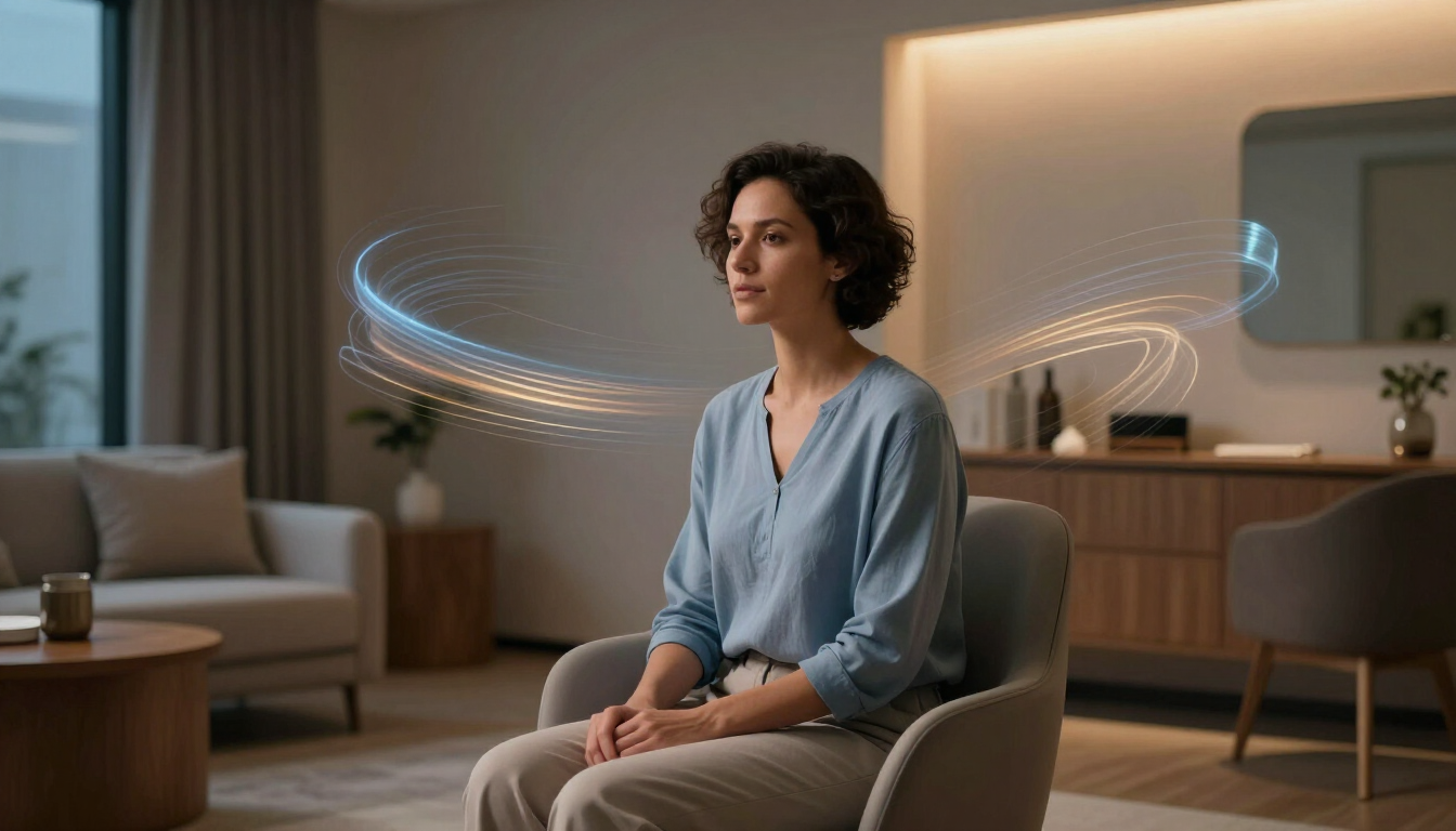 Photorealistic hypnotherapy client visualizing positive change in a calm Atlanta office