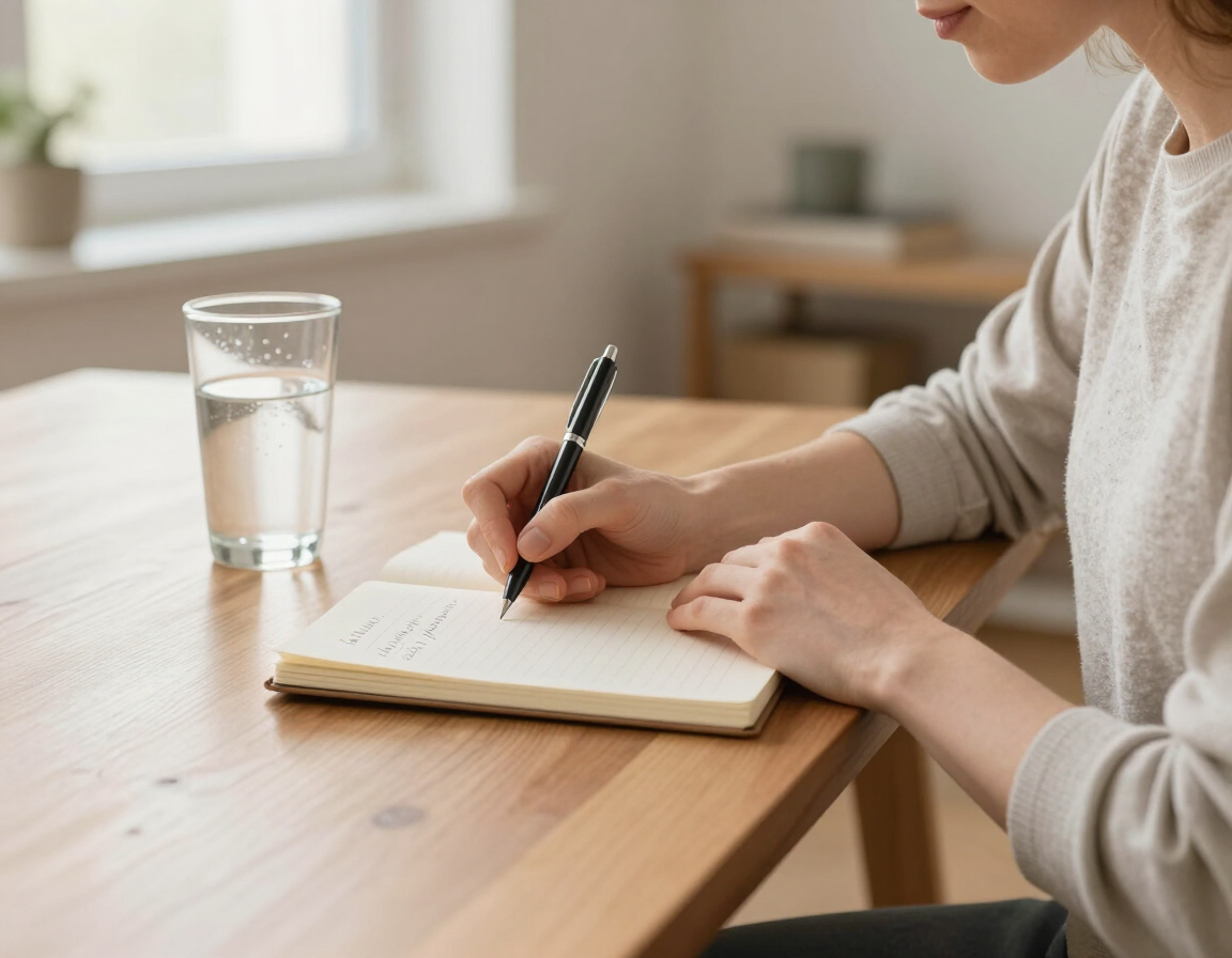 Photorealistic person writing a personalized self-hypnosis practice plan at a bright desk
