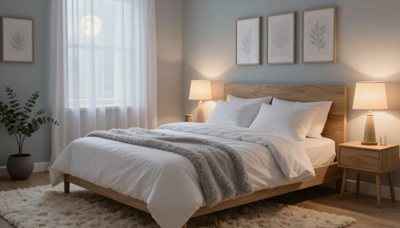 Peaceful bedroom with soft nighttime lighting for sleep hypnosis