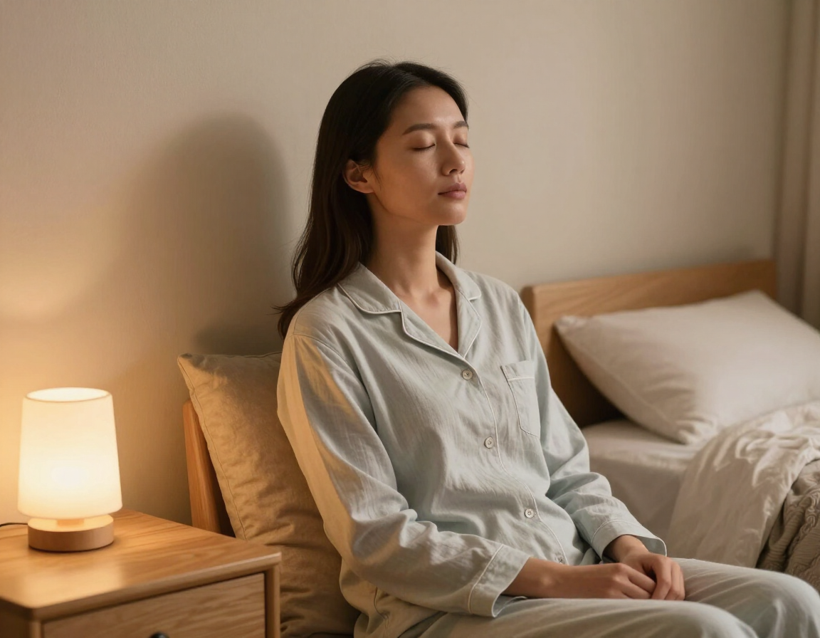 Person practicing calm breathing before bedtime in a comfortable home