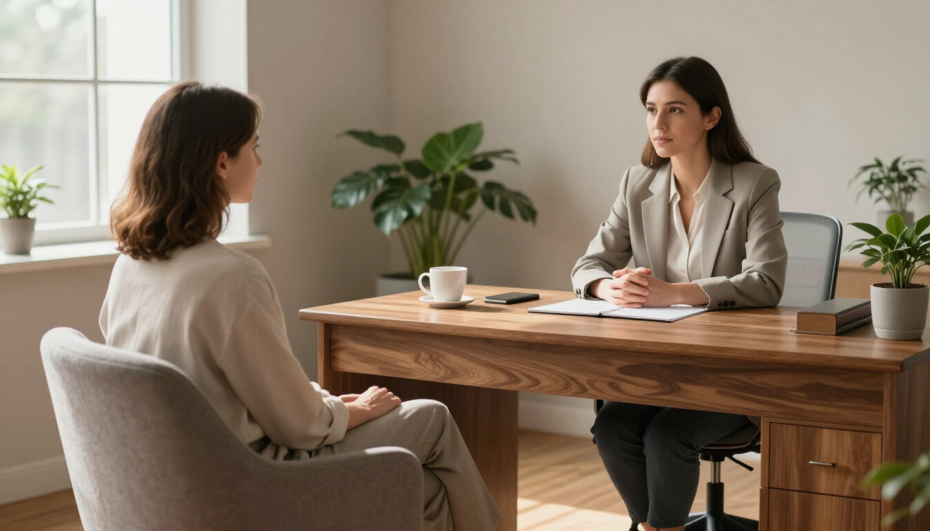 Photorealistic calm therapy session focused on emotional safety