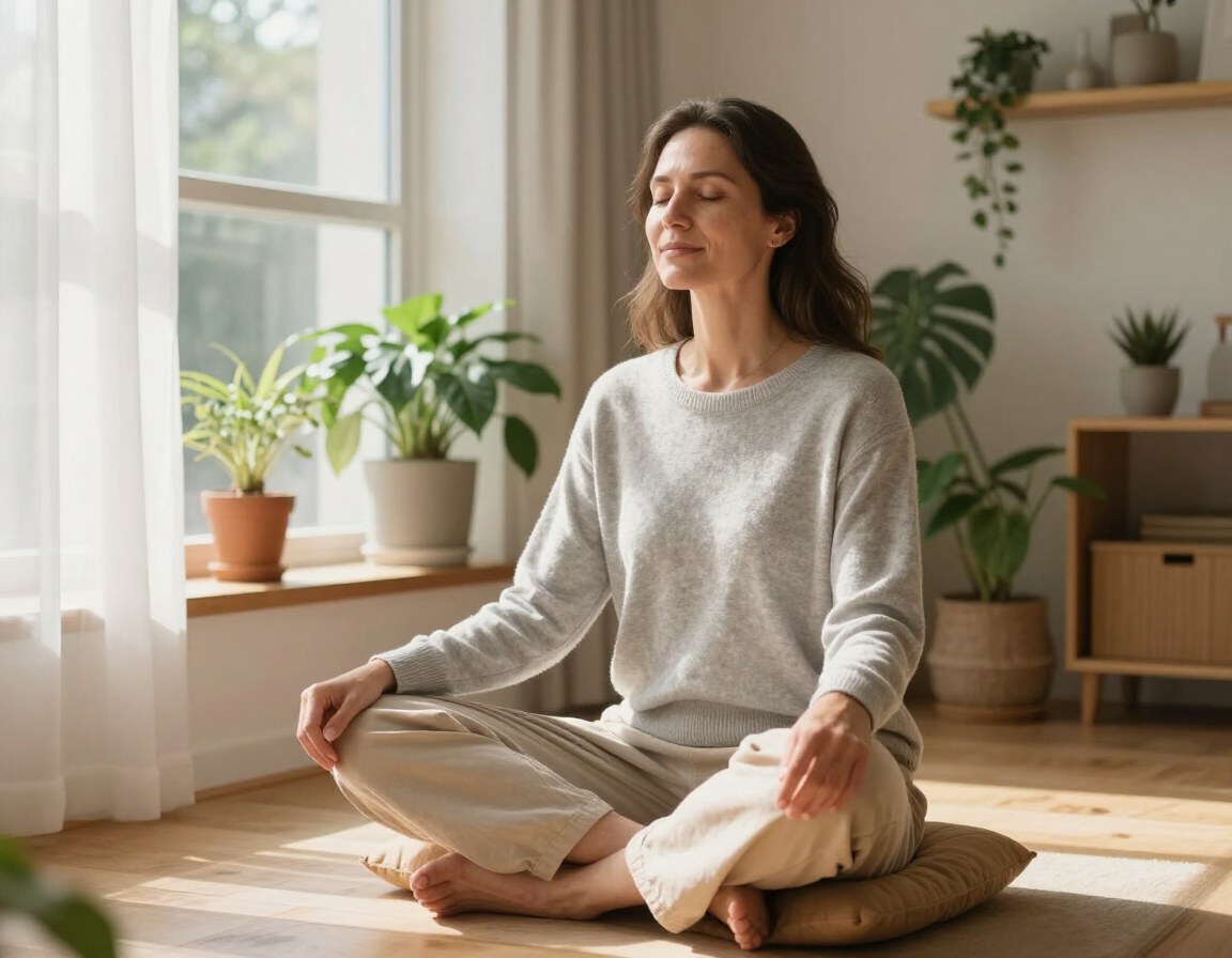 Photorealistic person practicing grounding and mindful breathing near a sunny window