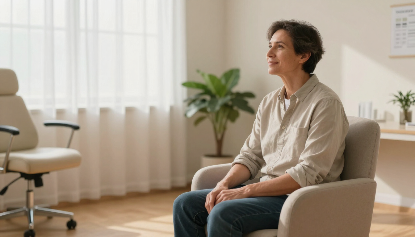 Photorealistic hypnotherapy client visualizing positive change in a peaceful therapy room