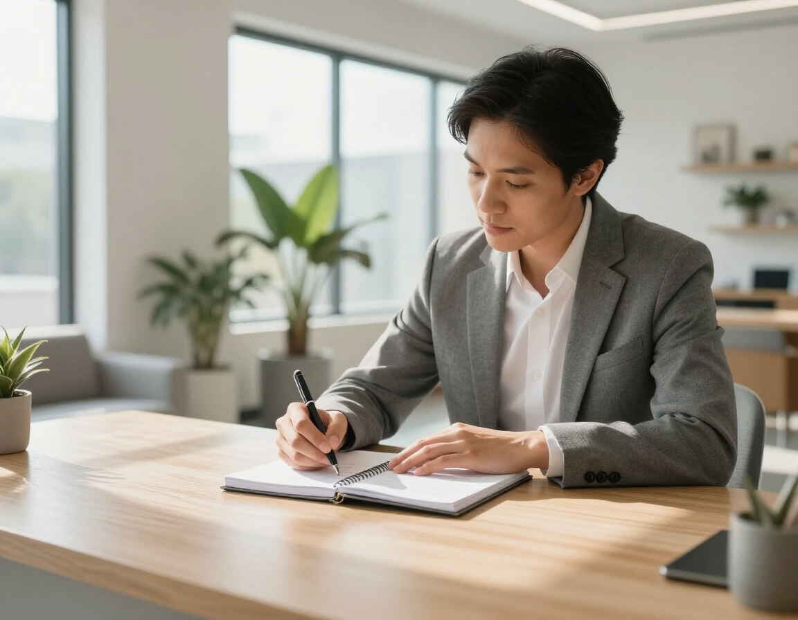 Photorealistic adult writing a personal change plan after a clinical hypnotherapy appointment at a bright Atlanta wellness office