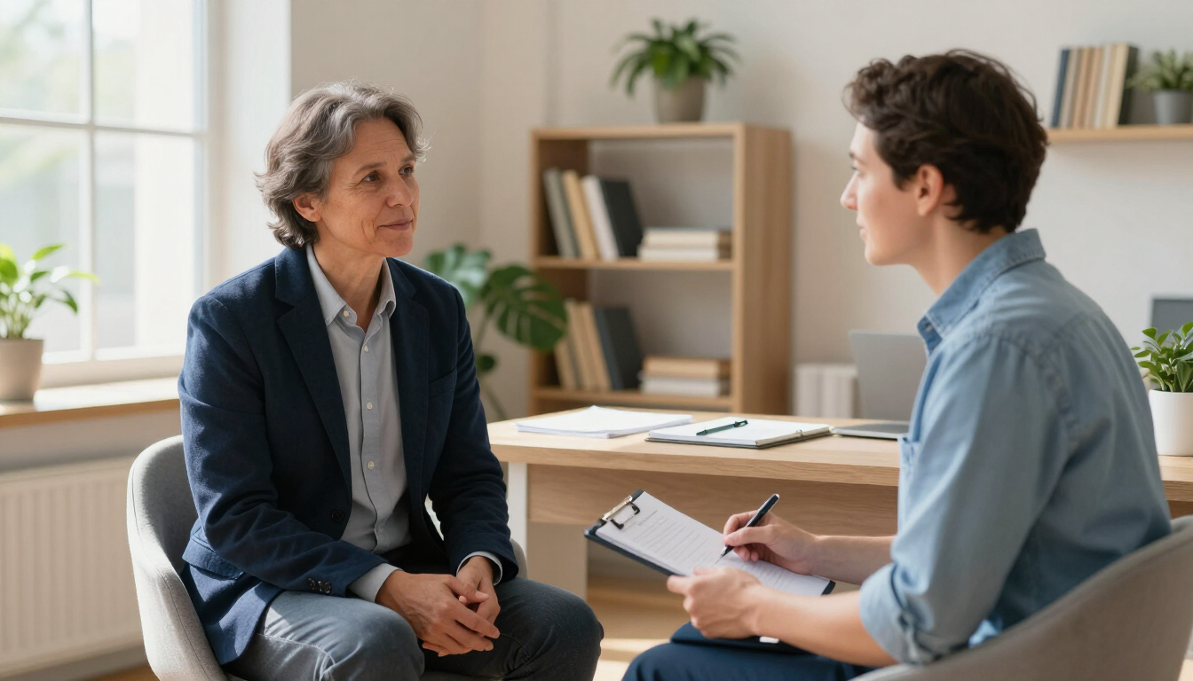 Client and hypnotherapist discussing a personalized wellness plan