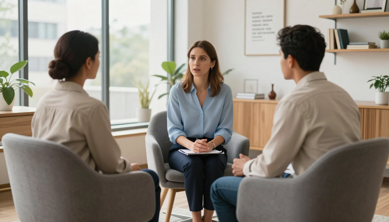 Photorealistic hypnotherapy consultation in a calm Atlanta office