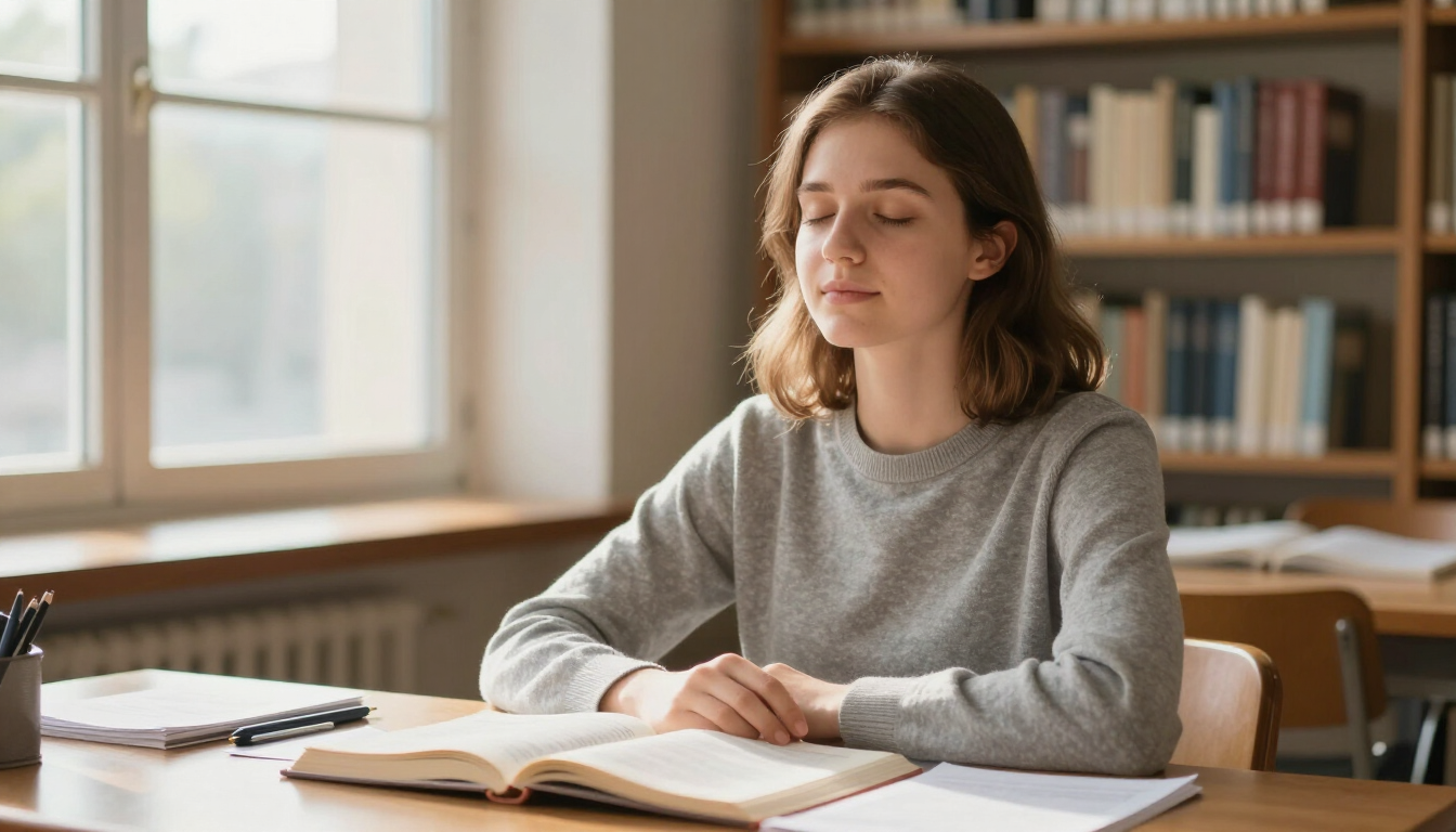 Photorealistic student using a breathing exercise before a test in a quiet library