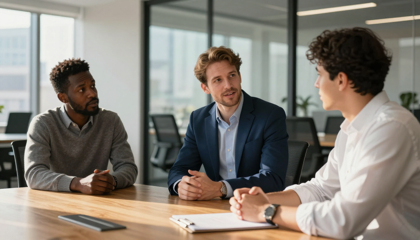 Photorealistic professional speaking comfortably with two colleagues in a modern Atlanta office meeting room