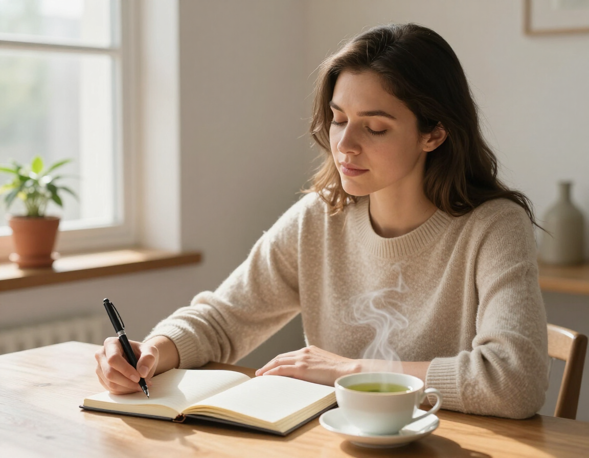 Person using a journal and breathing exercise for emotional regulation