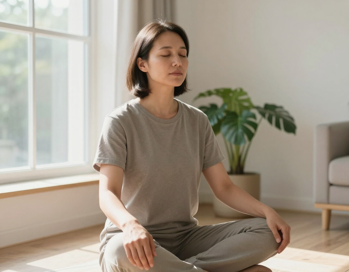 Photorealistic adult using a simple anger management breathing exercise at home