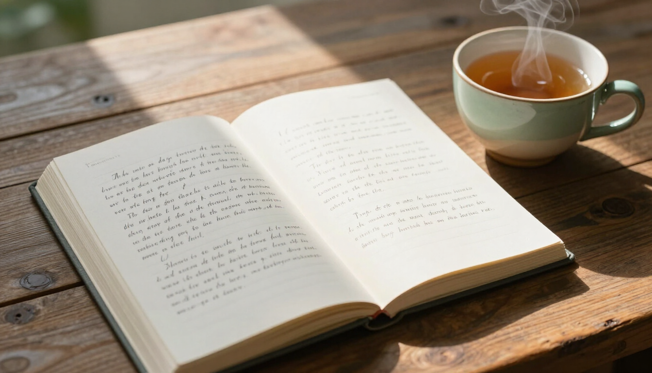 Journal and calming tea beside a mindfulness exercise