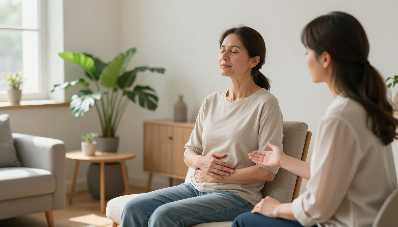 Person practicing calm breathing during a guided hypnotherapy session