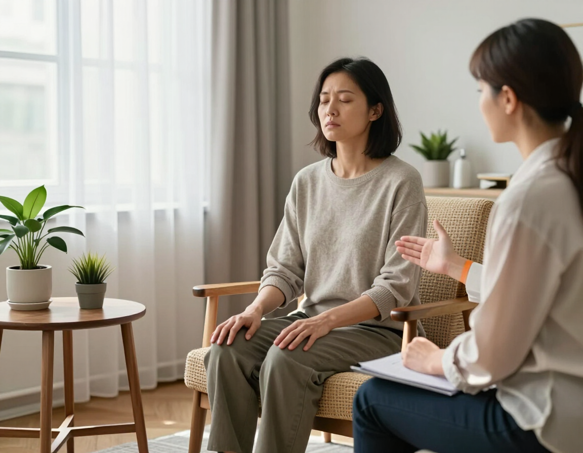 Person practicing calm breathing during a guided hypnotherapy session