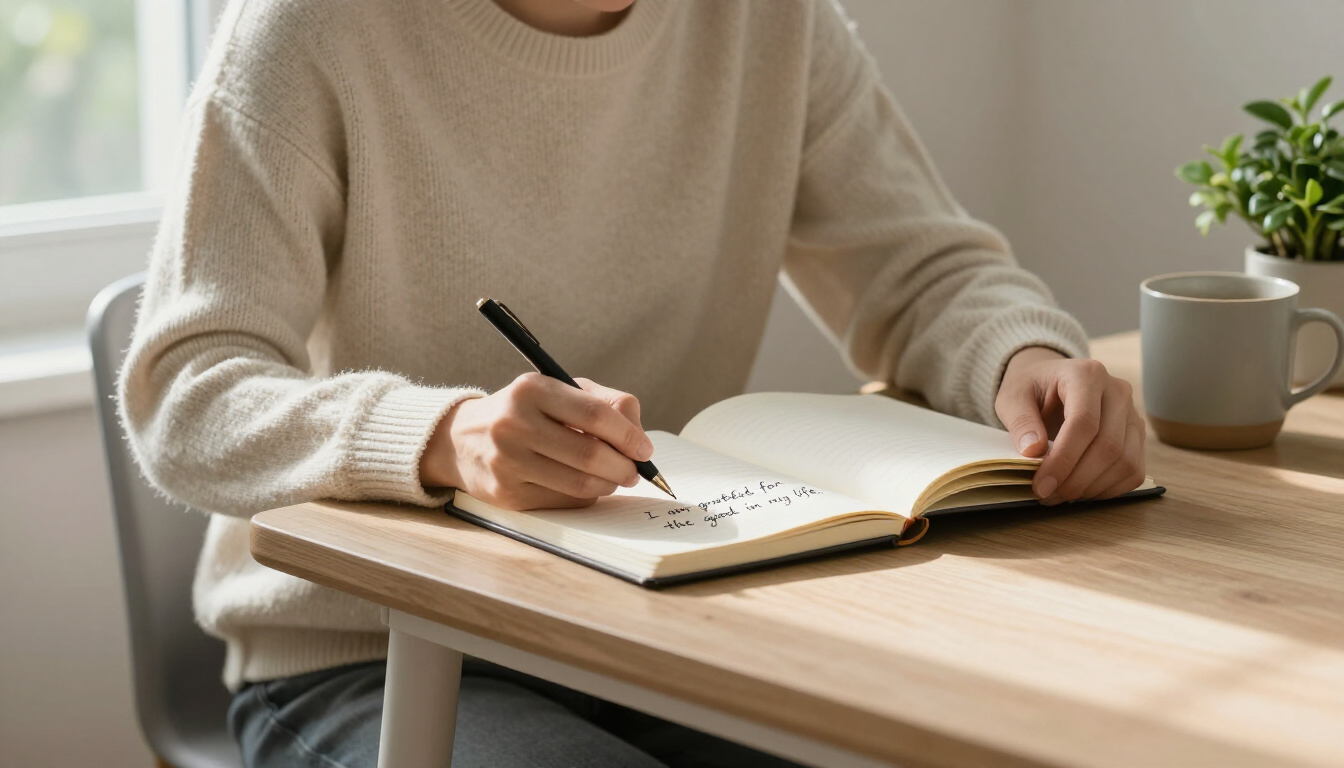 Person practicing auto suggestion in a calm room
