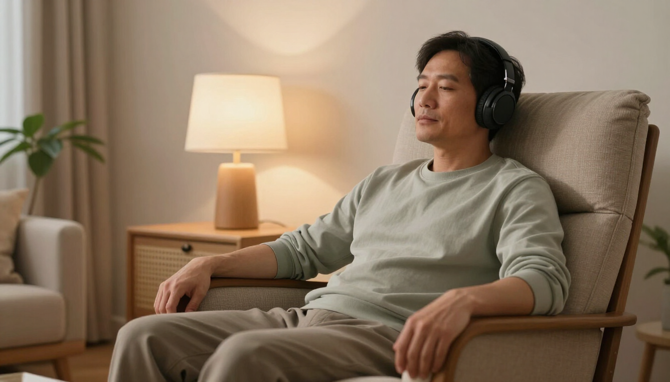 Relaxed person listening to a guided self-hypnosis recording